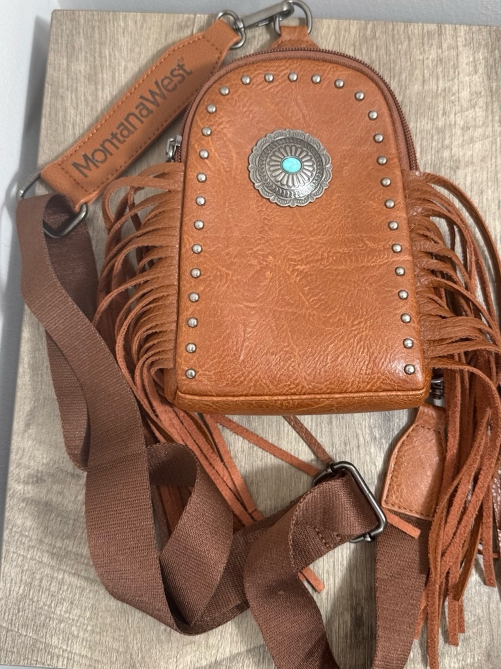 Montana West Brown Fringe Crossbody Bag with Turquoise Concho